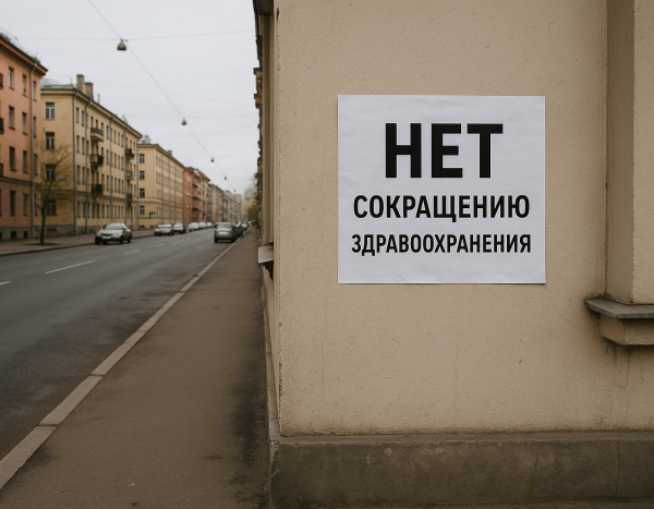 Улица с протестным плакатом по теме здравоохранения на стене