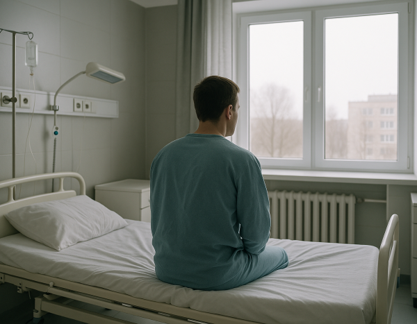 Пациент в российской больничной палате смотрит в окно, размышляя