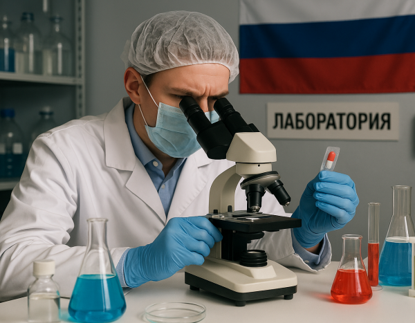 Лаборант исследует подозрительное лекарство в российской лаборатории