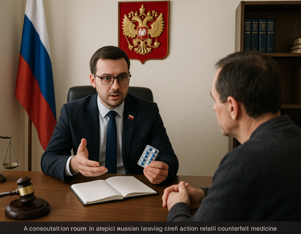Юрист консультирует клиента по вопросам поддельных лекарств в российском офисе
