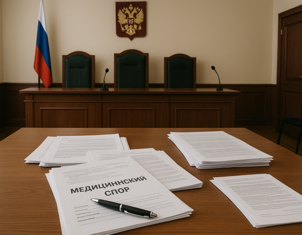 Российский зал суда с юридическими документами на столе для медицинского спора