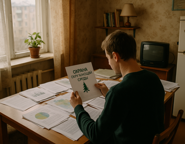 Человек изучает экологические документы в квартире