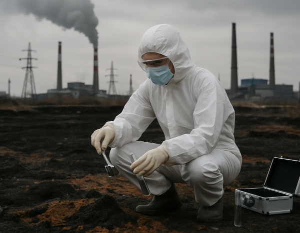 Эколог берёт образцы загрязненной почвы в промышленной зоне