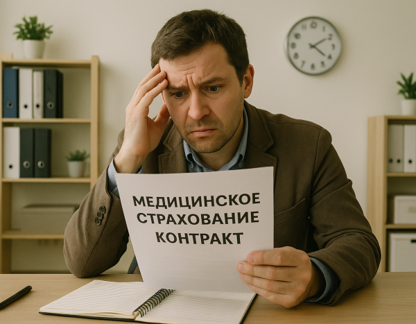 Человек обеспокоенно смотрит на договор ДМС в офисе