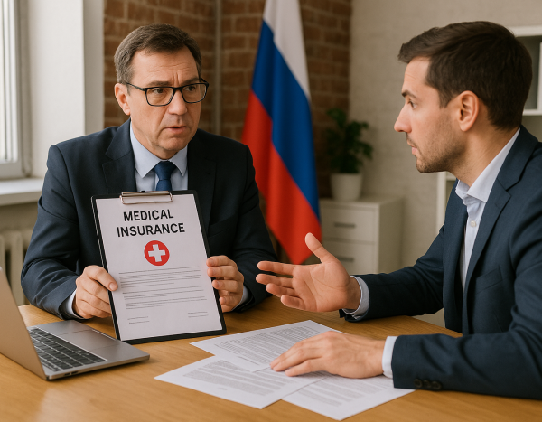 Переговоры по ДМС в офисе с документами и ноутбуком