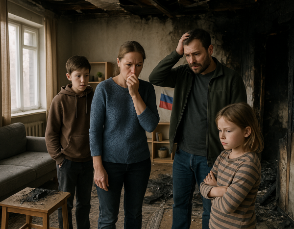 Семья в тревоге из-за повреждений после пожара, осматривают ущерб