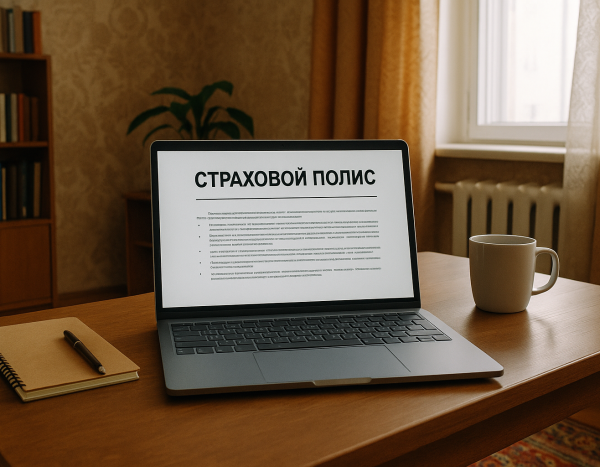 Ноутбук с открытым страховочным полисом на столе в квартире