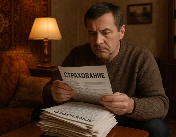 Мужчина читает страховые документы в гостиной