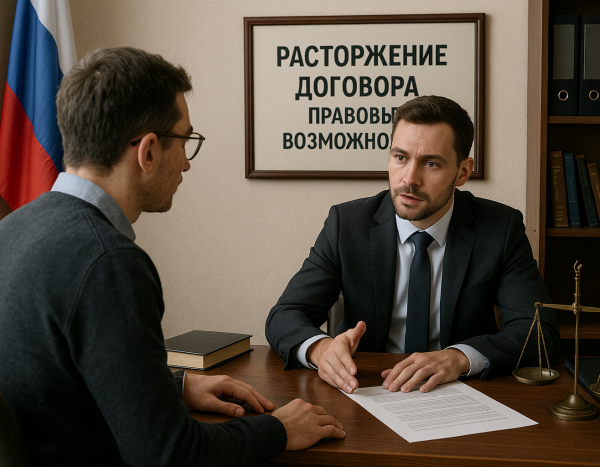 Бизнесмен и клиент обсуждают расторжение договора в офисе