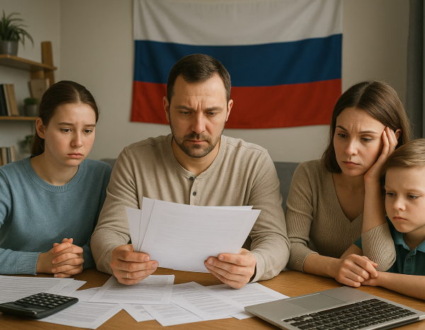 Семья изучает финансовые документы дома
