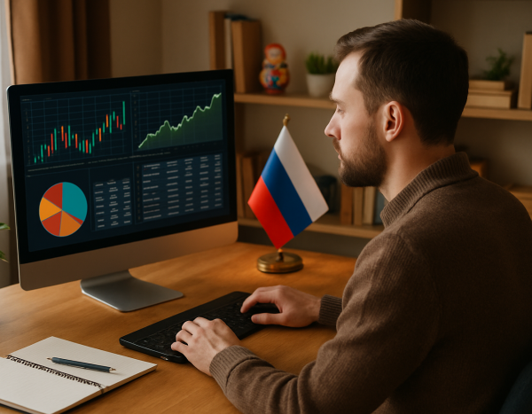 Аналитик работает с финансовыми данными на компьютере