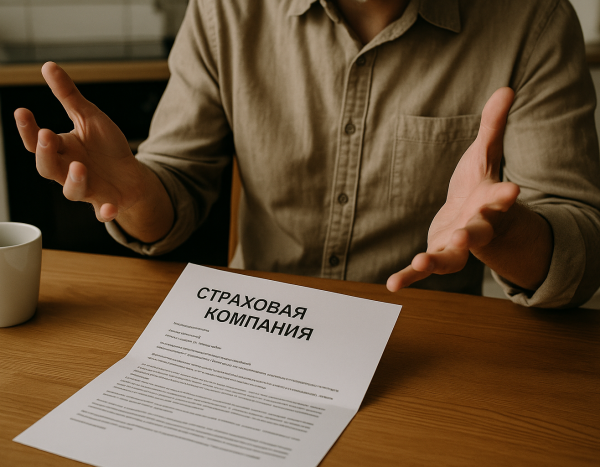 Человек изучает письмо от страховой компании на фоне кухни
