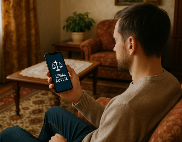 Человек смотрит юридическую консультацию на телефоне в гостиной
