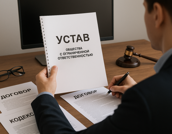 Человек изучает устав ООО за столом с компьютером и документами