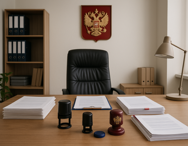 Внутренний интерьер нотариальной конторы в России со штампами и документами на столе