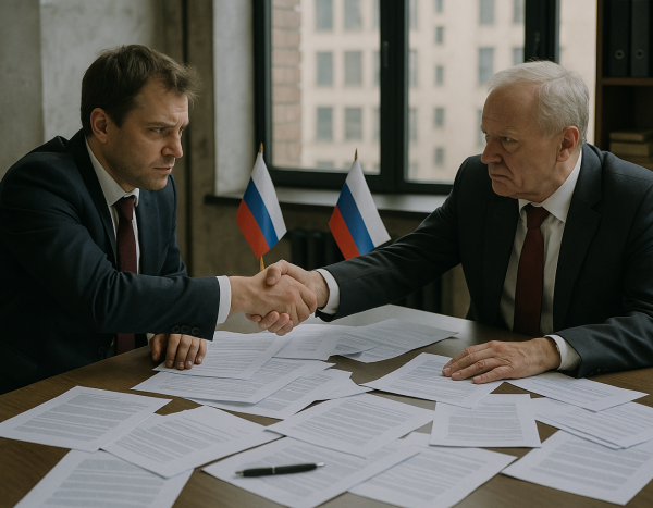 Два бизнесмена пожимают руки после напряженных переговоров в офисе