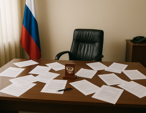 Российский офис с разбросанными документами и отодвинутым стулом