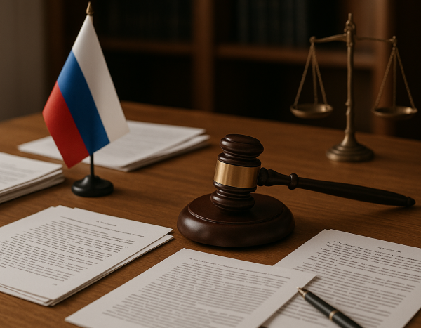 Юридический стол в России с документами и молотком