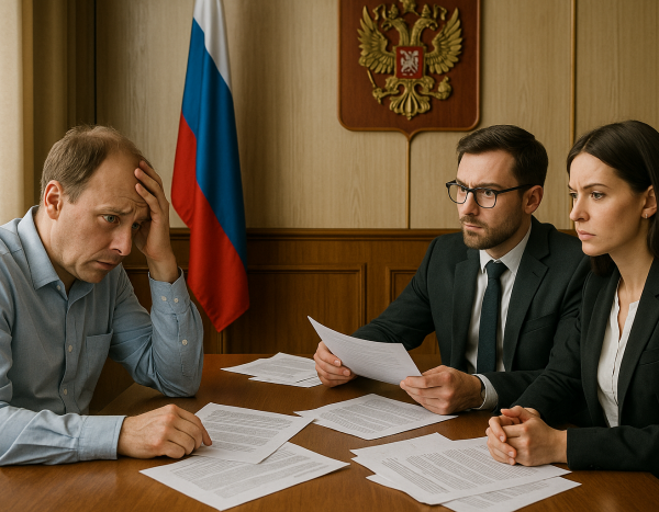 Владелец бизнеса обсуждает с юристами в российском офисе