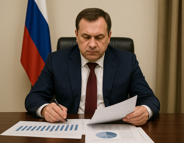 Российский руководитель читает финансовые документы