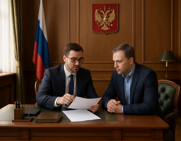 Юрист объясняет документы клиенту в российском офисе