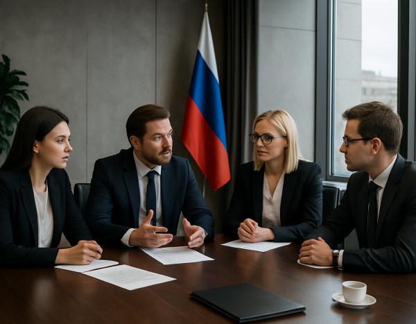 Группа деловых людей обсуждает сделку за конференц-столом в российском офисе