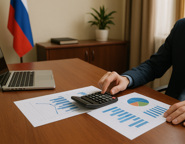 Бизнесмен изучает финансовые отчеты с калькулятором в российском офисе