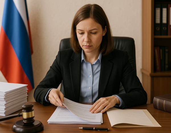 Юрист готовит документы для суда в российском офисе