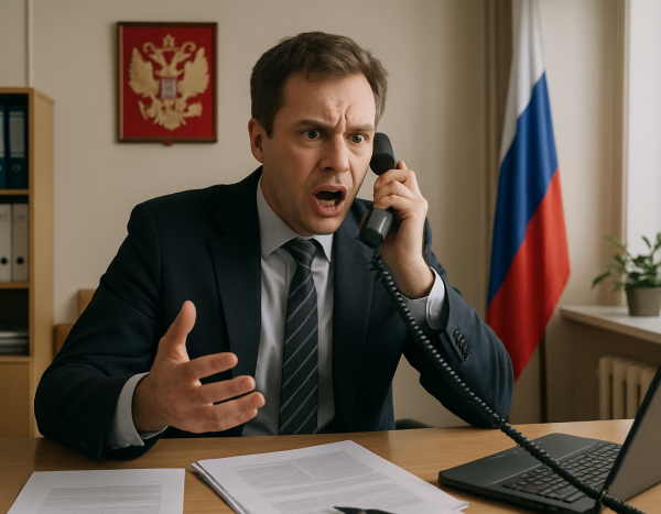 Мужчина в офисе срочно говорит по телефону