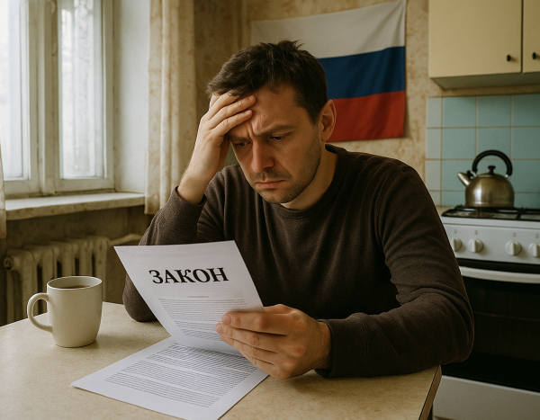 Мужчина за столом с юридическими документами в кухне