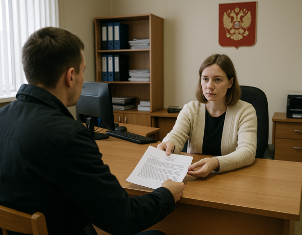 Человек подает заявление на отсрочку в офисе суда