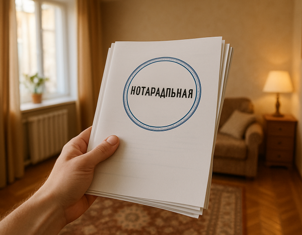 Рука с нотариально заверенными документами в российской квартире