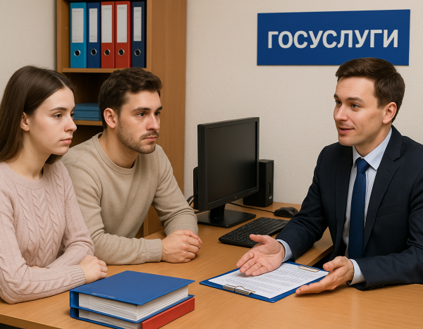 Пара консультируется с юристом о получении госуслуг