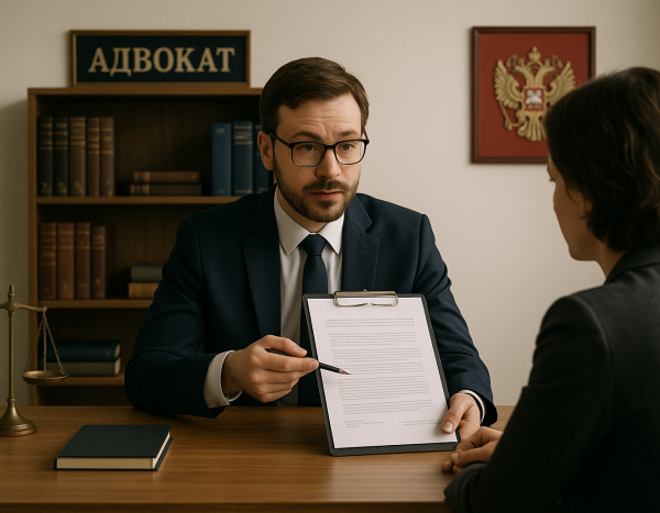 Юрист объясняет клиенту юридический документ в офисе