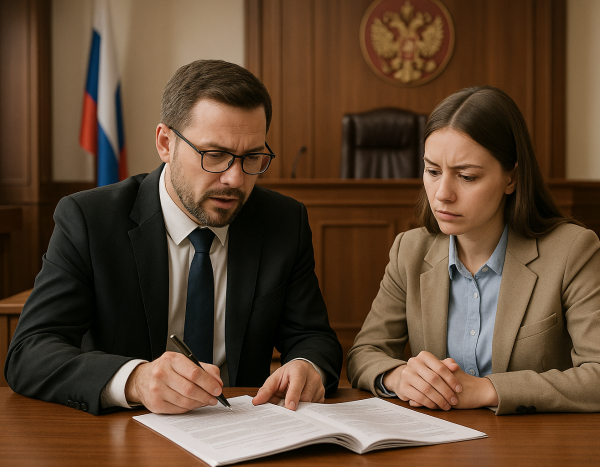 Юрист консультирует клиента в интерьере, напоминающем зал суда, по вопросу обжалования отказа.