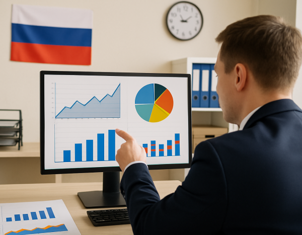 Сотрудник в офисе указывает на график на экране компьютера