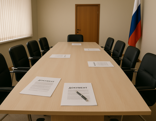 пустая комната для переговоров с документами на столе, российский офис