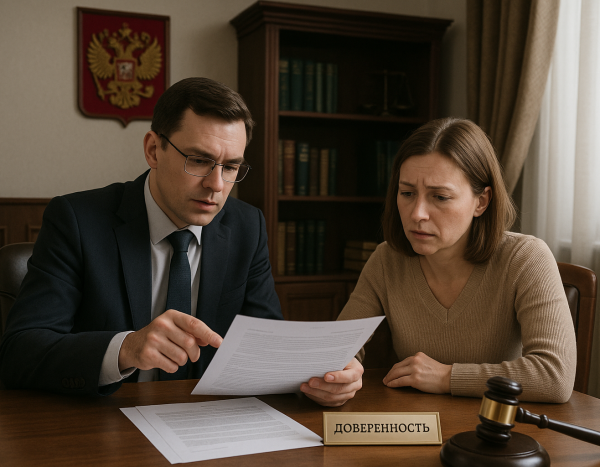 Юрист и клиент обсуждают прекращение доверенности в офисе